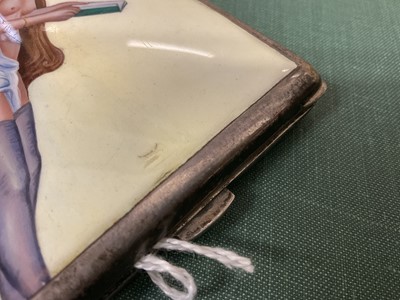 Lot 771 - Early 20th century Alpaca and enamel erotic cigarette box