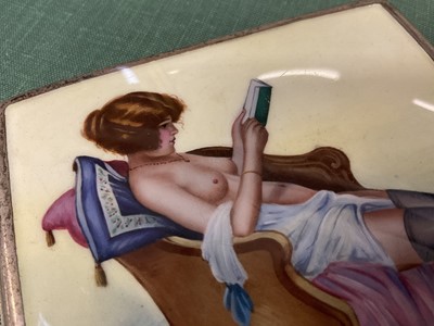 Lot 771 - Early 20th century Alpaca and enamel erotic cigarette box
