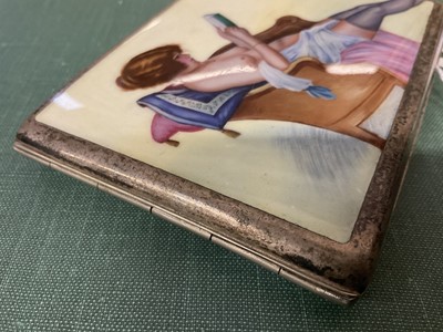 Lot 771 - Early 20th century Alpaca and enamel erotic cigarette box