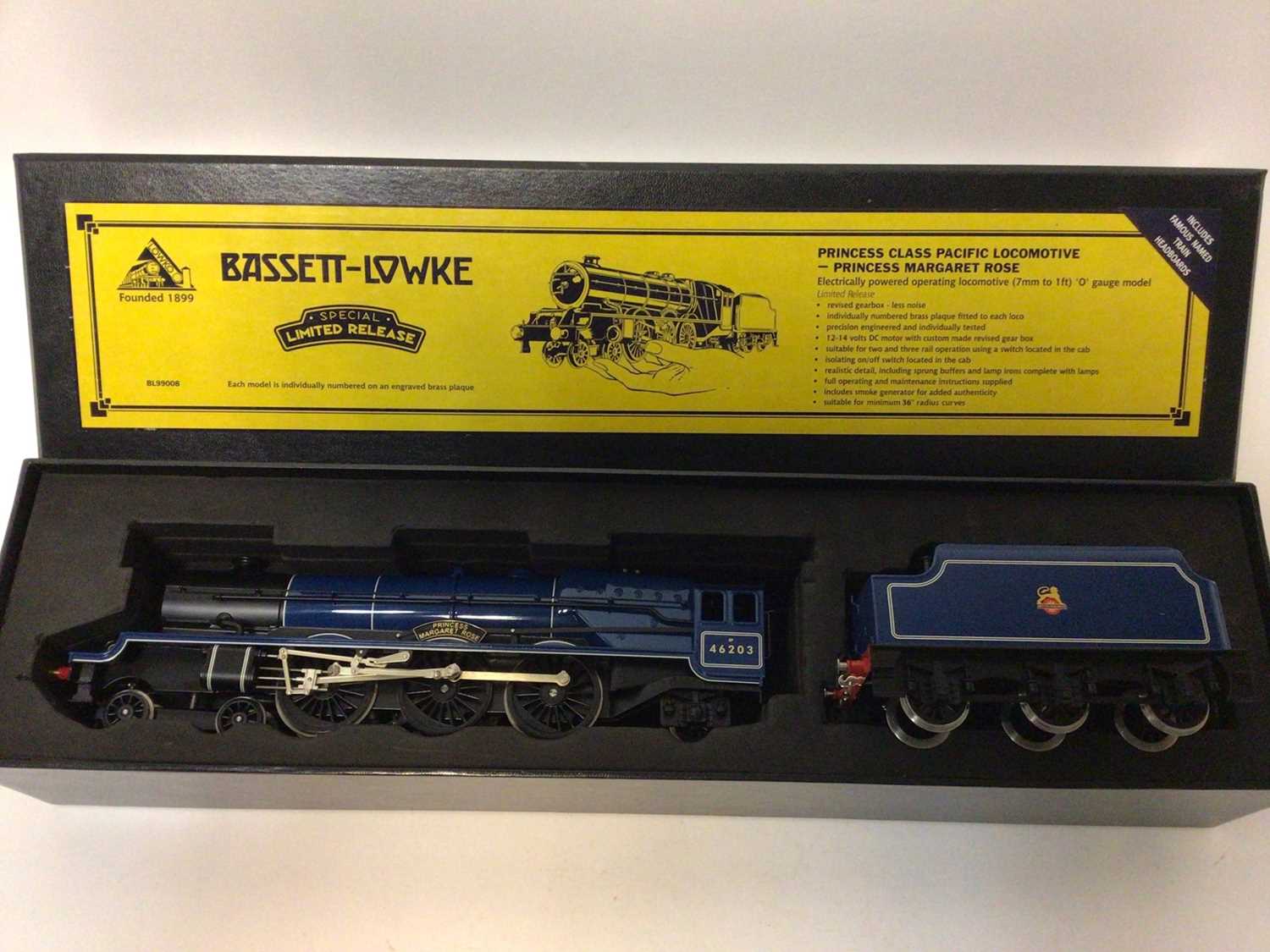 Lot 9 - Bassett Lowke O gauge Special Limited Release (Identification Brass Plaque No.65) BR blue 4-6-2 Princess Class Pacific 'Princess Margaret Rose' locomotive and tender 46203, in original box