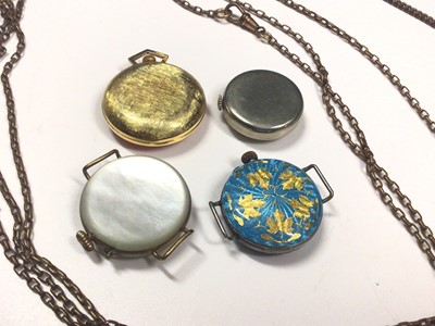 Lot 26 - Collection of watching winding keys on long chain, one other watch chain, seal/fob key, vintage silver enamelled watch and three others