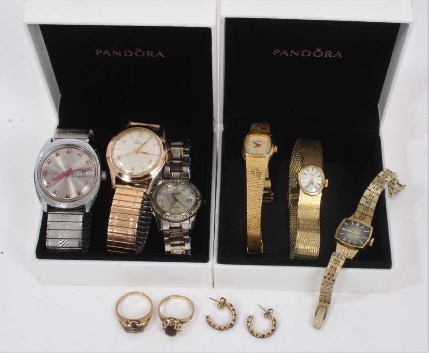 Lot 95 - Two 9ct gold gem set dress rings, pair gem set half hoop earrings and six various wristwatches