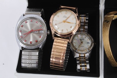 Lot 95 - Two 9ct gold gem set dress rings, pair gem set half hoop earrings and six various wristwatches