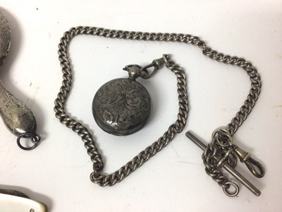 Lot 132 - Two white metal mesh purses, silver sovereign case on silver watch chain, silver propelling pencils, silver cheroot holder, silver and mother of pearl fruit knife, miniature silver mirror and other...