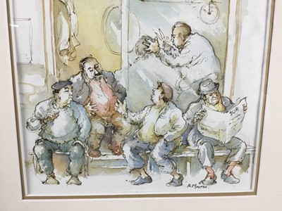 Lot 21 - A. Moorse, English School. Comical watercolour “The Spanish Barber”. Signed lower right. Mounted and framed