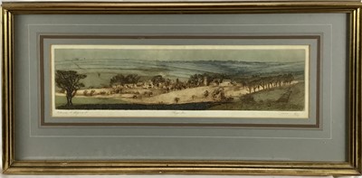 Lot 20 - Patricia A Regnart, 20th century. Coloured etching, “Taynton”. Landscape of Somerset. Titled, signed and dated to margin, 1974. 19/100. Mounted and framed