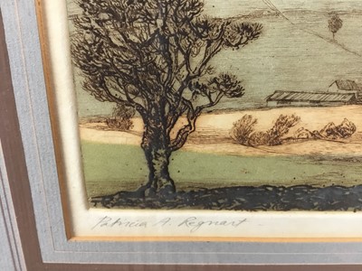 Lot 20 - Patricia A Regnart, 20th century. Coloured etching, “Taynton”. Landscape of Somerset. Titled, signed and dated to margin, 1974. 19/100. Mounted and framed