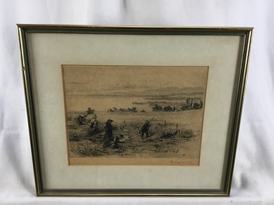 Lot 23 - Henry Moore RA, British, 1831-1895. Etching, Swiss haymakers in extensive landscape with a bay in the distance. Initialled within etching H.M. 9. Signed in graphite lower right. Mounted and frame
