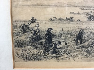 Lot 23 - Henry Moore RA, British, 1831-1895. Etching, Swiss haymakers in extensive landscape with a bay in the distance. Initialled within etching H.M. 9. Signed in graphite lower right. Mounted and frame