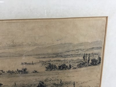 Lot 23 - Henry Moore RA, British, 1831-1895. Etching, Swiss haymakers in extensive landscape with a bay in the distance. Initialled within etching H.M. 9. Signed in graphite lower right. Mounted and frame