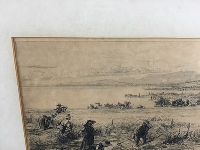 Lot 23 - Henry Moore RA, British, 1831-1895. Etching, Swiss haymakers in extensive landscape with a bay in the distance. Initialled within etching H.M. 9. Signed in graphite lower right. Mounted and frame