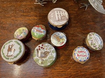 Lot 167 - Collection of enamel boxes and pair of plated table models of fighting cocks