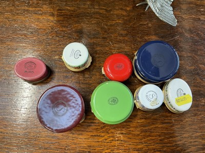 Lot 167 - Collection of enamel boxes and pair of plated table models of fighting cocks