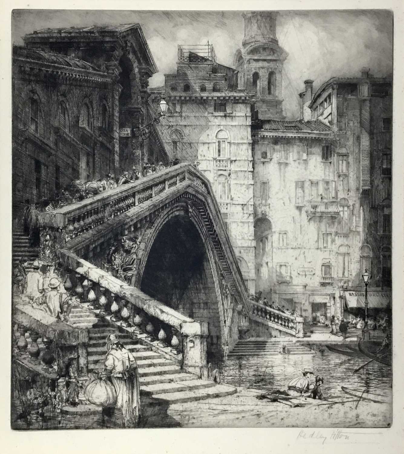 Lot 19 - Hedley Fitton (1859-1929) signed etching - Rialto, Venice, mounted, 62cm x 52cm overall