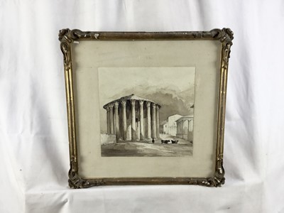 Lot 46 - English School, 19th century, monochrome watercolour - The Temple of Vesta, Rome, 20cm square, in glazed gilt frame, 34cm x 35cm overall