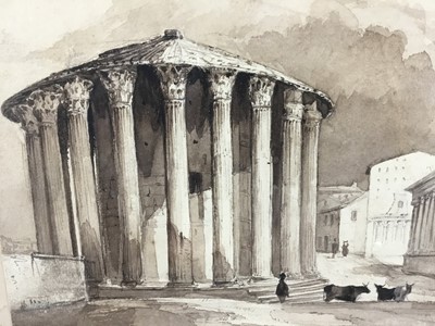 Lot 46 - English School, 19th century, monochrome watercolour - The Temple of Vesta, Rome, 20cm square, in glazed gilt frame, 34cm x 35cm overall