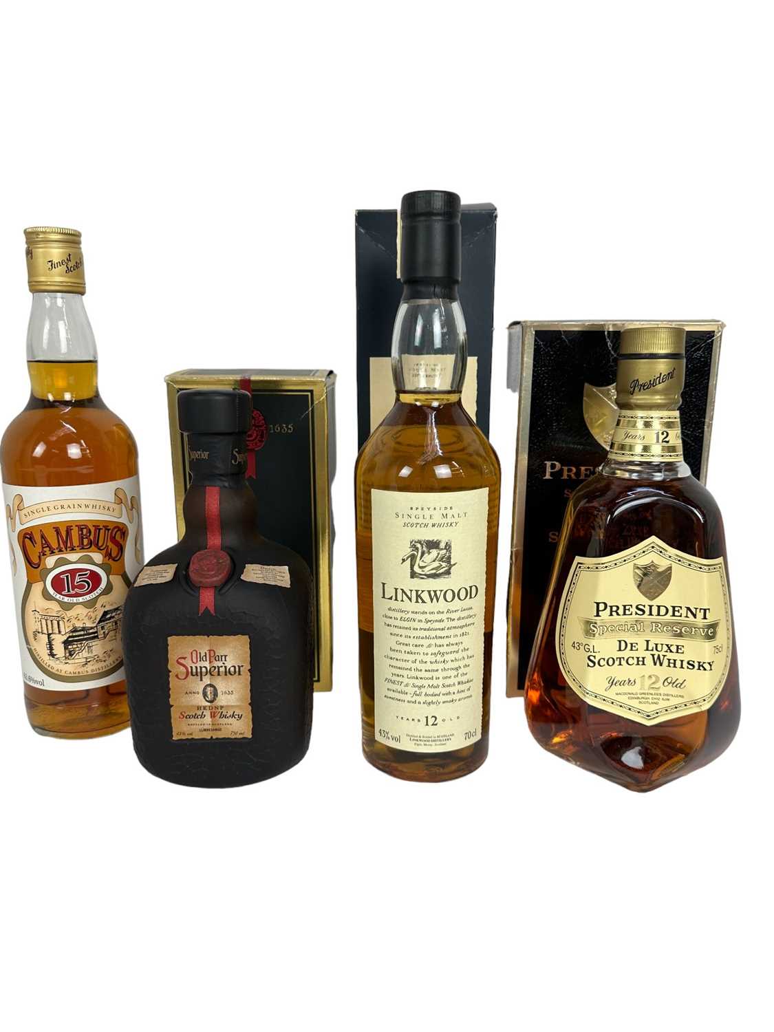 Lot 34 - Whisky - four bottles, Linkwood 12 year old, 43%, 70cl, boxed, President Special Reserve 12 years old, 43%, 75cl, boxed, Old Parr Superior, 43%, 750ml, boxed and Cambus 15 years old, 63.6%, 70cl