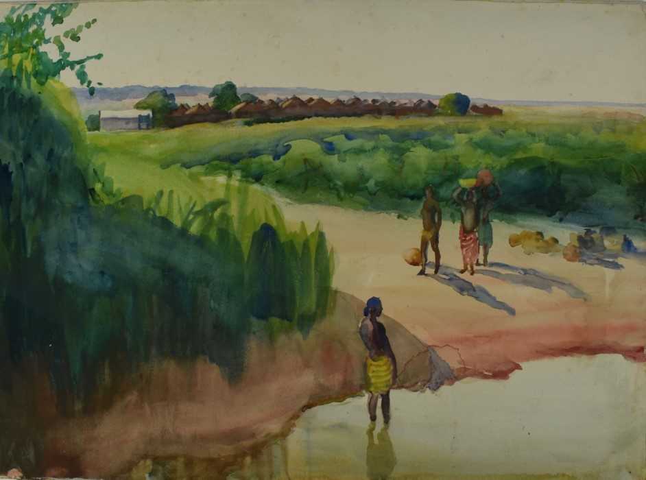 Lot 65 - *Gerald Spencer Pryse (1882-1956) watercolour - riverbank, Nigeria, 38.5cm x 54cm, titled verso 'Lah?', unframed