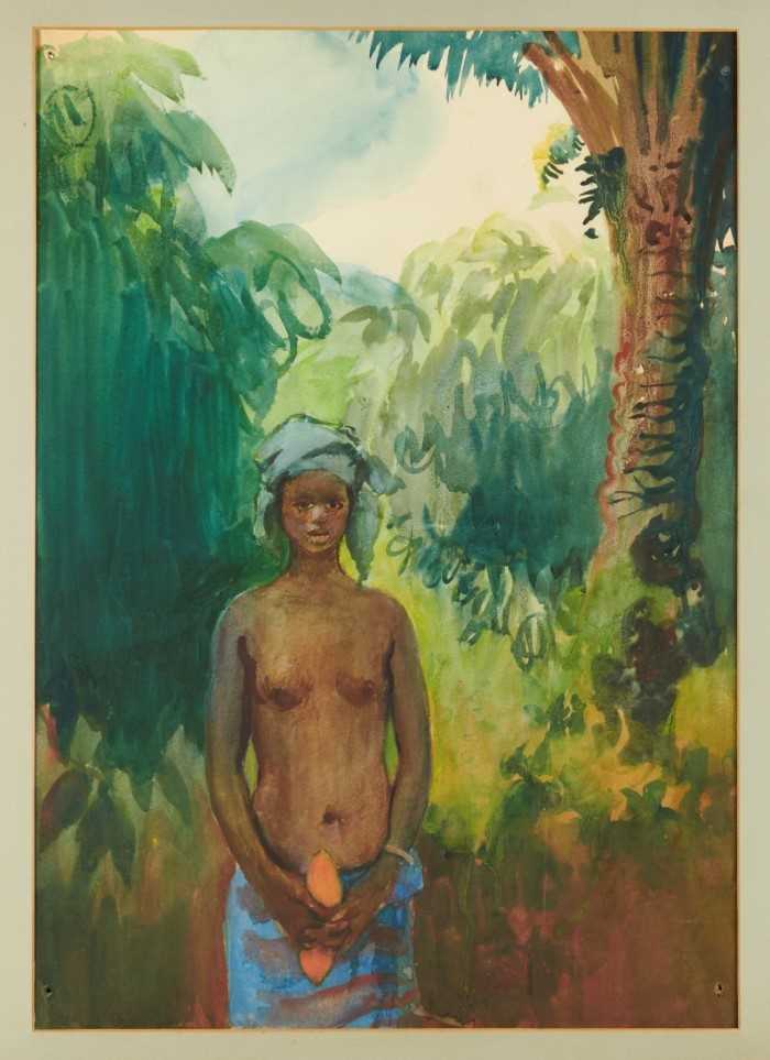 Lot 59 - *Gerald Spencer Pryse (1882-1956) watercolour - woman with fruit, 38.5cm x 54cm, titled verso 'Ike', unframed