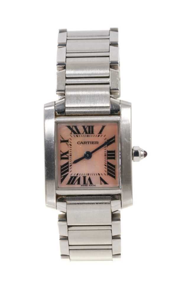 Lot 576 - Ladies' Cartier Francaise quartz wristwatch mother of pearl dial with Roman numerial hour markers, blued hands and pink sapphire set winding crown