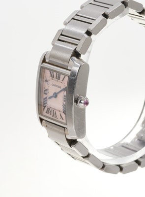 Lot 576 - Ladies' Cartier Francaise quartz wristwatch mother of pearl dial with Roman numerial hour markers, blued hands and pink sapphire set winding crown