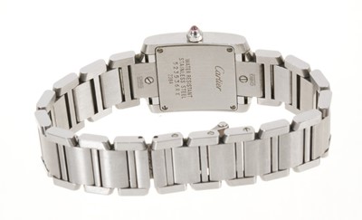 Lot 576 - Ladies' Cartier Francaise quartz wristwatch mother of pearl dial with Roman numerial hour markers, blued hands and pink sapphire set winding crown