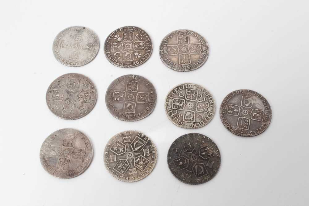Lot 14 - G.B. - Mixed silver Six Pences to include William III 1696 AF, Anne 1711 x 2 GF-VF, George I SSC 1723 AF, George II Roses & Plumes 1732 GF, 1746 'Lima' AVF, 1757 AEF and George III 1787 x 3 ..