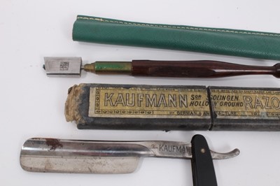 Lot 869 - Silver vesta case, silver mounted rotating hard stone fob, vintage cut throat razor in box and a glass cutter