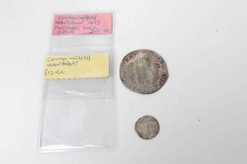 Lot 95 - G.B. - Commonwealth silver hammered coins to include Half Crown M/M Sun 1653 (N.B. Clipped, gilded & defaced) otherwise Poor and Half Groat AVF