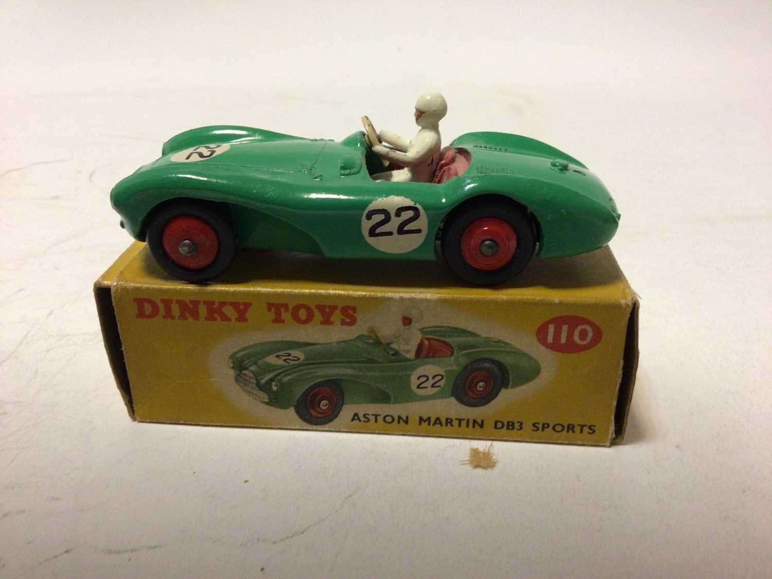 Lot 35 - Dinky Aston Martin DB3 Sports Car No 110, in two different colourways, Green and Grey, both in original boxes (2)