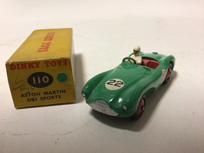 Lot 35 - Dinky Aston Martin DB3 Sports Car No 110, in two different colourways, Green and Grey, both in original boxes (2)