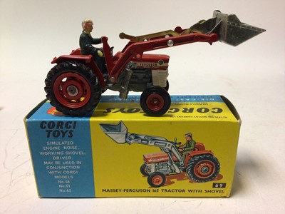 Lot 47 - Corig Fordson Power Major tractor No.60 Massey Ferguson 65 tractor No.50, Massey Ferguson 165 tractor with shovel No.69, Land Rover Breakdown Truck No.417, all boxed (4)