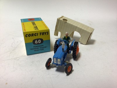 Lot 47 - Corig Fordson Power Major tractor No.60 Massey Ferguson 65 tractor No.50, Massey Ferguson 165 tractor with shovel No.69, Land Rover Breakdown Truck No.417, all boxed (4)