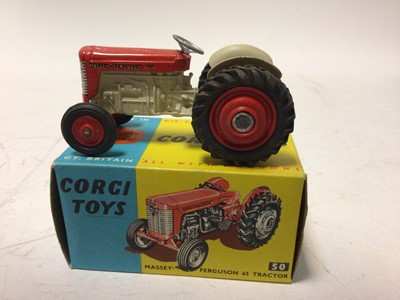 Lot 47 - Corig Fordson Power Major tractor No.60 Massey Ferguson 65 tractor No.50, Massey Ferguson 165 tractor with shovel No.69, Land Rover Breakdown Truck No.417, all boxed (4)