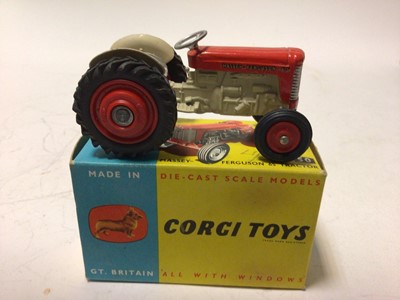 Lot 47 - Corig Fordson Power Major tractor No.60 Massey Ferguson 65 tractor No.50, Massey Ferguson 165 tractor with shovel No.69, Land Rover Breakdown Truck No.417, all boxed (4)