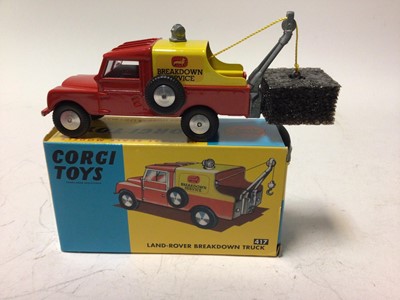 Lot 47 - Corig Fordson Power Major tractor No.60 Massey Ferguson 65 tractor No.50, Massey Ferguson 165 tractor with shovel No.69, Land Rover Breakdown Truck No.417, all boxed (4)