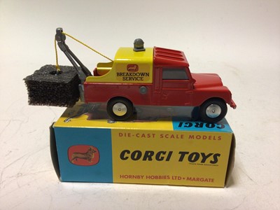 Lot 47 - Corig Fordson Power Major tractor No.60 Massey Ferguson 65 tractor No.50, Massey Ferguson 165 tractor with shovel No.69, Land Rover Breakdown Truck No.417, all boxed (4)
