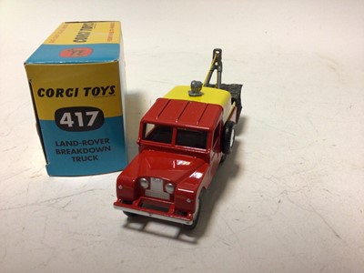 Lot 47 - Corig Fordson Power Major tractor No.60 Massey Ferguson 65 tractor No.50, Massey Ferguson 165 tractor with shovel No.69, Land Rover Breakdown Truck No.417, all boxed (4)