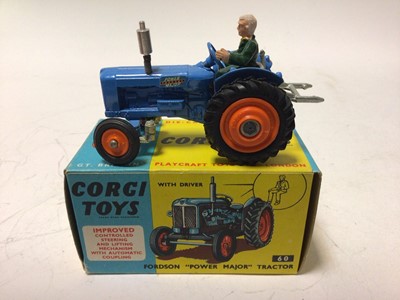 Lot 47 - Corig Fordson Power Major tractor No.60 Massey Ferguson 65 tractor No.50, Massey Ferguson 165 tractor with shovel No.69, Land Rover Breakdown Truck No.417, all boxed (4)