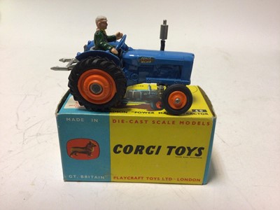 Lot 47 - Corig Fordson Power Major tractor No.60 Massey Ferguson 65 tractor No.50, Massey Ferguson 165 tractor with shovel No.69, Land Rover Breakdown Truck No.417, all boxed (4)