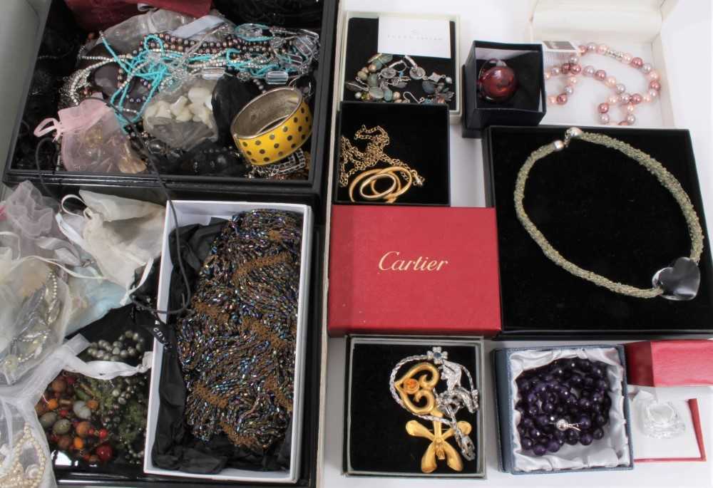 Lot 804 - Group of vintage and later costume jewellery including empty Cartier box, Trifari gilt metal pendant necklace, Baccarat glass ring in box, beadwork scarf, other various bead necklaces and bijouterie