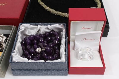 Lot 804 - Group of vintage and later costume jewellery including empty Cartier box, Trifari gilt metal pendant necklace, Baccarat glass ring in box, beadwork scarf, other various bead necklaces and bijouterie