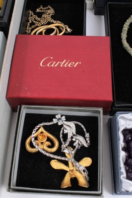 Lot 804 - Group of vintage and later costume jewellery including empty Cartier box, Trifari gilt metal pendant necklace, Baccarat glass ring in box, beadwork scarf, other various bead necklaces and bijouterie