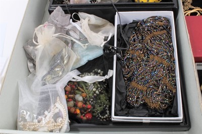Lot 804 - Group of vintage and later costume jewellery including empty Cartier box, Trifari gilt metal pendant necklace, Baccarat glass ring in box, beadwork scarf, other various bead necklaces and bijouterie