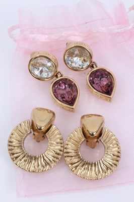 Lot 802 - Two pairs of 1980s Givenchy gilt metal clip on earrings, pair of Sarah Coventry clip on earrings and pair of Lanvin gem set half hoop earrings in box