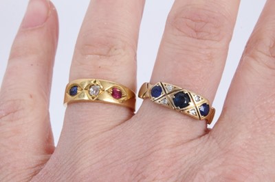 Lot 855 - Edwardian 18ct gold sapphire and diamond ring together with a yellow metal sapphire, diamond and ruby three stone ring