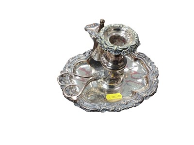 Lot 25 - Pair of Regency Old Sheffield Plate chamber sticks with snuffers, pair of antique silver plated decanter coasters, pair of Georgian silver plated salts with blue glass liners and a pair of Georgian...