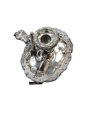 Lot 25 - Pair of Regency Old Sheffield Plate chamber sticks with snuffers, pair of antique silver plated decanter coasters, pair of Georgian silver plated salts with blue glass liners and a pair of Georgian...