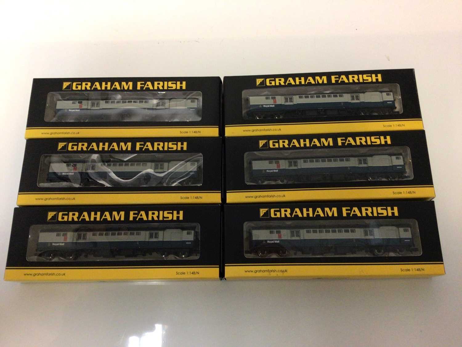 Lot 81 - Graham Farish N gauge carriages including Royal Mail TPO Sorting Van 374-902 (6), BR Newspaper Packing Bogie Van No.0777 (4) and BR Express Parcels Bogie Van No.0778 (2), all boxed, (12...