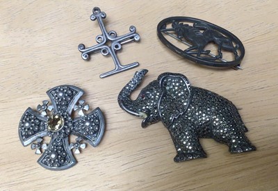Lot 22 - Georg Jensen Danish silver abstract brooch, David Andersen Norwegian silver gilt and enamel harebell pendant, silver unicorn brooch etc